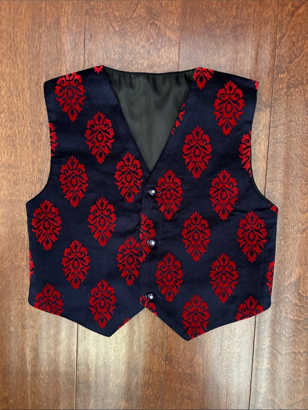 Kid’s Retro Vest with Red Flocked Damask Motif, Size 3